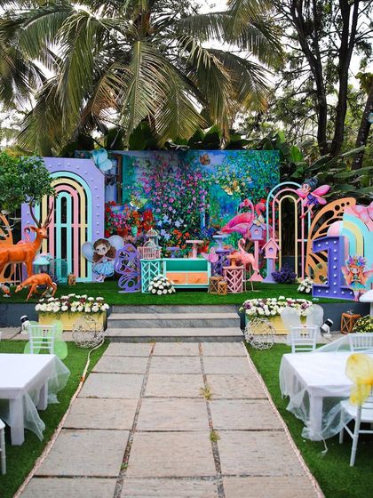 A whimsical and colorful setup for a kids' birthday party. The enchanted garden theme is perfect for a fun-filled daytime celebration.