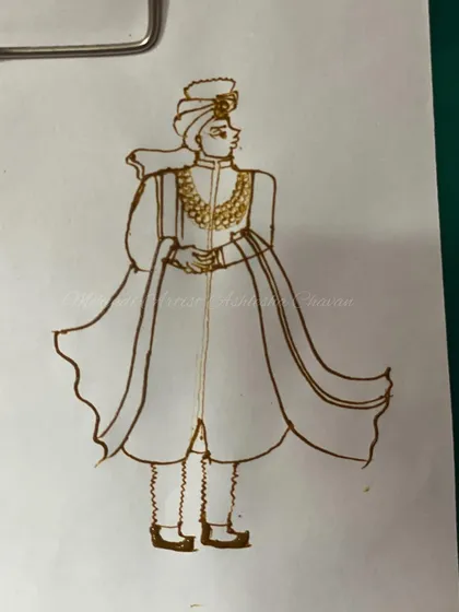 A practice sketch of a groom figure in traditional attire. This is how I perfect my figure work before applying it to a client's hand.