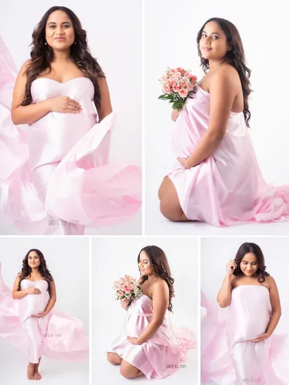 A collage showcasing the versatility of a single setup. With just one pink drape, we can create a variety of looks, from seated portraits to full-length shots with flowing fabric.