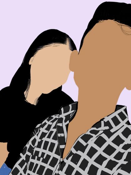 An artistic take on a couple's photo, using the faceless style to create a modern and moody illustration.