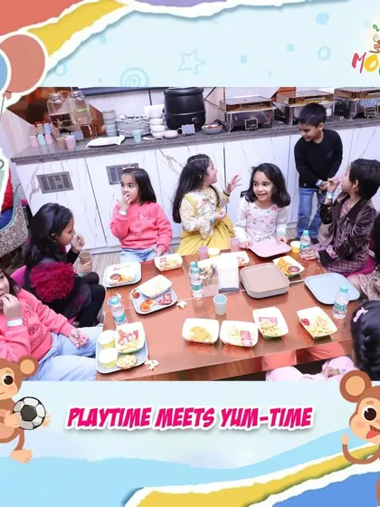 Playtime meets yum-time! After a fun session in the play area, kids can refuel with delicious and kid-friendly meals. This picture shows a group of friends enjoying their food together during a party.