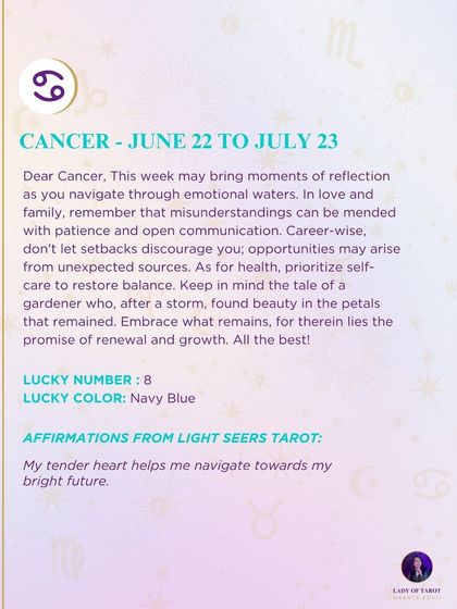 A weekly tarot prediction for Cancer. This week may bring moments of reflection as you navigate through emotional waters. Misunderstandings can be mended with patience and open communication. Prioritize self-care to restore balance.