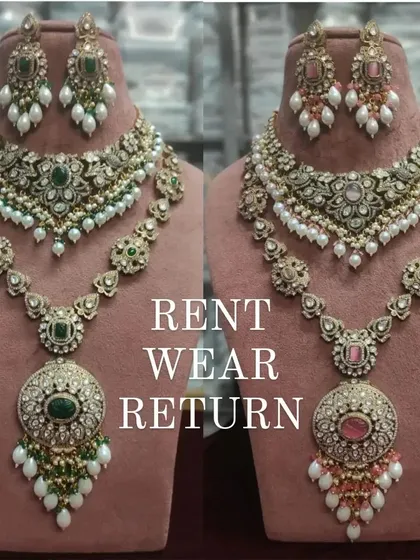 Two color variations of a popular Rani Haar set, available in both green and pink. You can rent these complete bridal sets to match your specific outfit for your wedding or reception.
