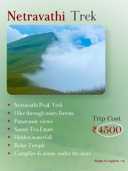 The Netravathi trek package graphic, highlighting the panoramic views and campfire nights included in the trip.