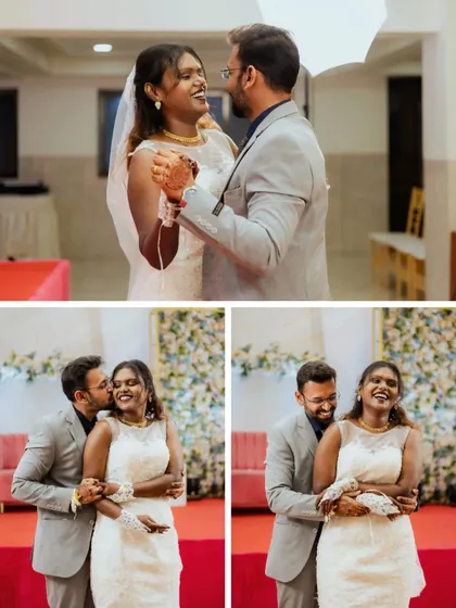 A collage of happy moments from Hanish and Gloria's wedding reception, including their first dance and playful interactions.