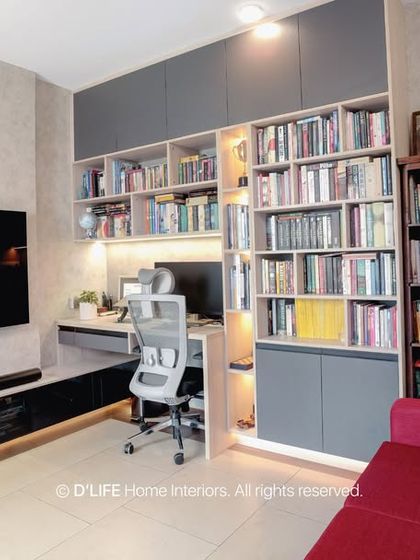 This home office and library combination shows how I integrate function and style. The custom joinery provides ample book storage while creating a dedicated, well-lit workspace within the living area.