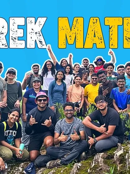 A "Trek Mates" graphic with a large group photo on a mountain top. This celebrates the diverse group of people who come together to form our trekking community.