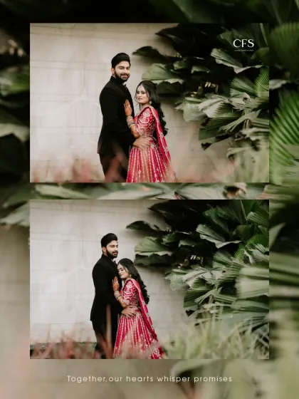 A beautiful reception portrait set against lush green foliage. The contrast between the natural background and their elegant outfits creates a stunning visual.