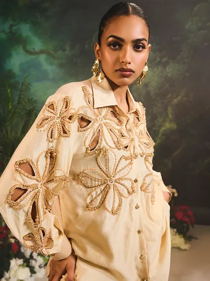 The Lunara Co-Ord Set, where decadent denim is transformed into wearable art with intricate embroidery and handcrafted work.