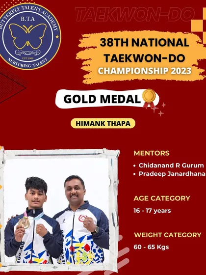 Celebrating Himank Thapa's Gold Medal victory at the 38th National Taekwondo Championship 2023. His success in the 16-17 years category is a result of dedicated mentorship and rigorous training.