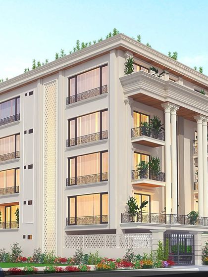 This 3D render shows a design in progress. The richness of classical moldings and grand pillars set against the clean precision of straight-cut windows creates a dialogue between classic and modern styles.