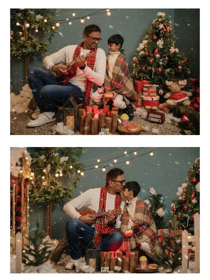 A cozy Christmas moment between a father and son. Wrapped in a plaid blanket and strumming a ukulele, they share a sweet kiss in our festive holiday set, creating a memory to cherish.