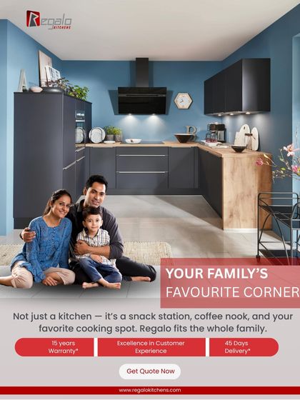 Your family's favorite corner. This ad shows a happy family in their new kitchen, highlighting that our designs fit the whole family and serve as a snack station, coffee nook, and favorite cooking spot.