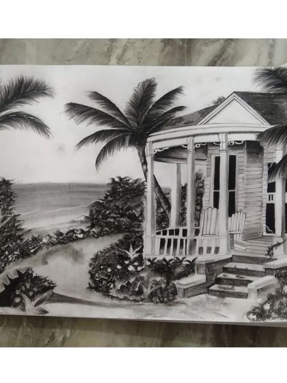 A detailed charcoal sketch of a beach house. This piece showcases a different medium and my ability to capture light, shadow, and architectural detail.
