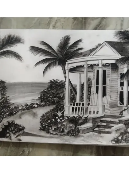 A detailed charcoal sketch of a beach house. This was a challenging piece but I'm so happy with how the shading and textures turned out.