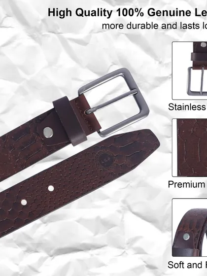 This infographic for a textured men's belt uses callouts to emphasize its 100% genuine leather, stainless buckle, and soft, flexible quality.