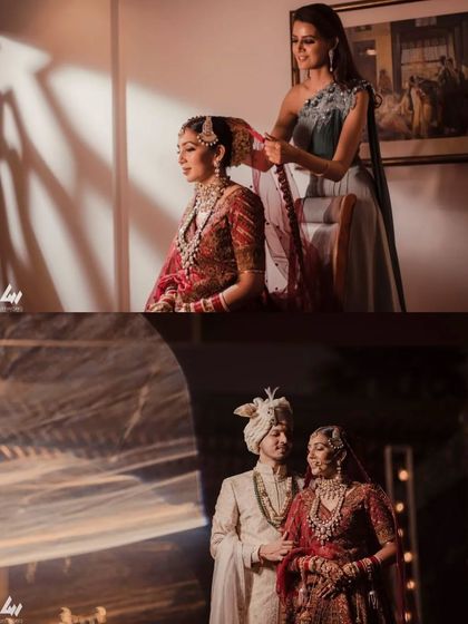 A collage showing a bridesmaid helping the bride with her veil, and a beautiful portrait of the couple, highlighting the supportive and romantic moments of the day.