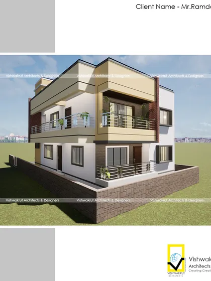 An aerial view of 'Patil's Villa', showing the terrace and overall form of the building. This helps in understanding the complete three-dimensional aspect of the design.