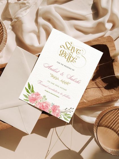 A Save the Date that celebrates love amidst a garden of blooming bliss. This design for Aniket and Sakshi uses a clean white background with a touch of pink floral watercolor, perfect for a picturesque day.