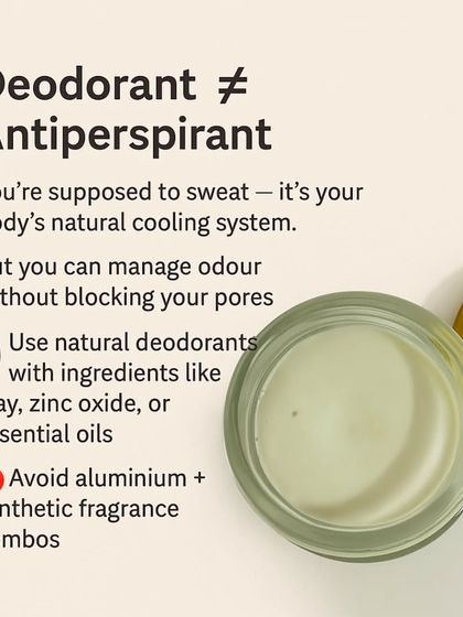 An educational post explaining the difference between deodorant and antiperspirant. My natural deodorant helps manage odor without blocking your pores.