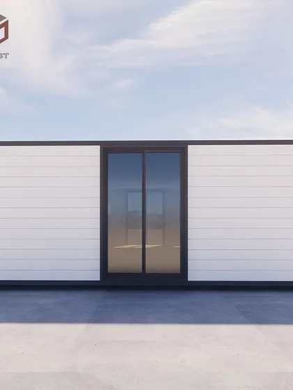 This render shows a modern 30ft container home with a sleek, minimalist facade and a central sliding glass door. It's a perfect design for a stylish backyard office, studio, or guest house.