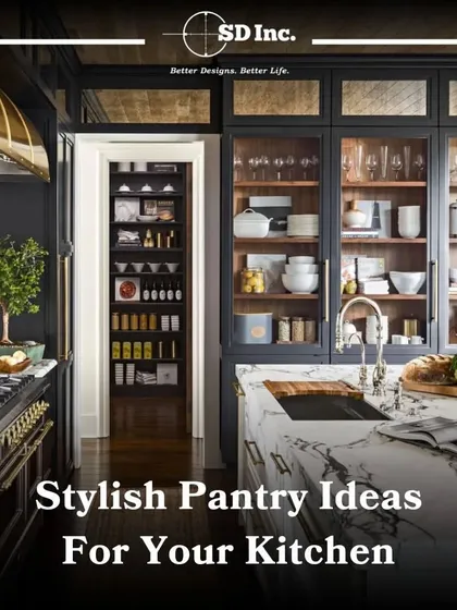 An introduction to stylish pantry ideas for your kitchen. This image showcases a high-end kitchen with integrated glass-front cabinets and a walk-in pantry, demonstrating how storage can be elegant.