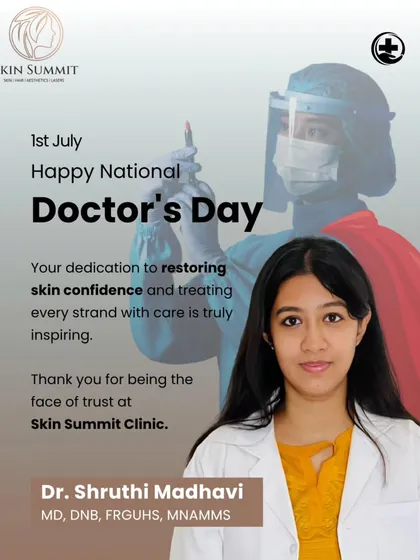 I am Dr. Shruthi Madhavi, and I am personally involved in every consultation and procedure at Skin Summit. My qualifications (MD, DNB, FRGUHS, MNAMMS) represent a commitment to the highest standards of dermatological care. I believe in building skin confidence through science and expertise.