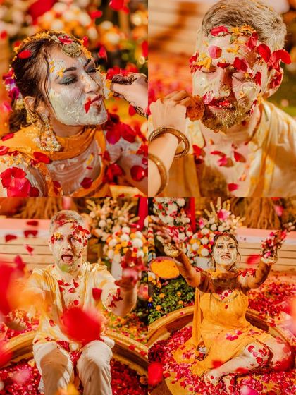 A collage capturing the fun and messy moments of a Haldi, from applying the paste to the final petal shower.