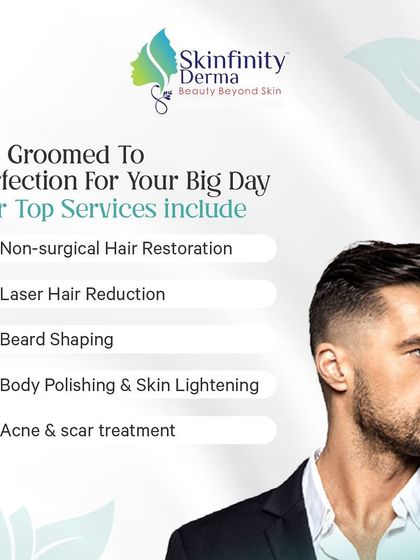 Get groomed to perfection for your big day. This graphic lists our top services for grooms, including non-surgical hair restoration, laser hair reduction, beard shaping, and acne scar treatments.
