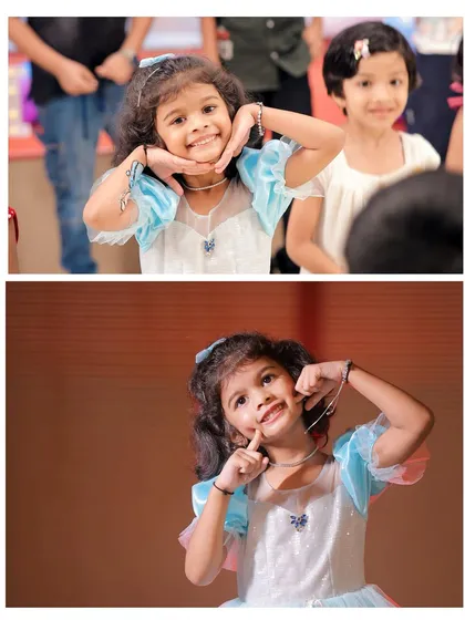 A collage of a 5-year-old birthday girl making cute and funny faces for the camera.