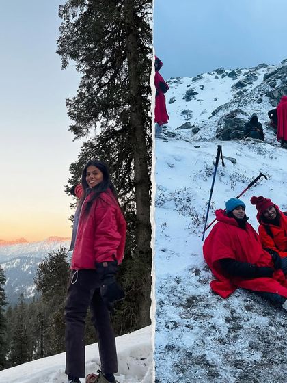 A trekker enjoying the snowy landscape on the Kedarkantha trail. Our winter treks are perfect for those who want to experience the magic of a Himalayan snow adventure.