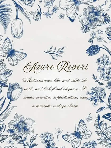 The theme board for 'Azure Reverie', describing the Mediterranean-inspired concept with its serene blue and white palette and romantic vintage charm.