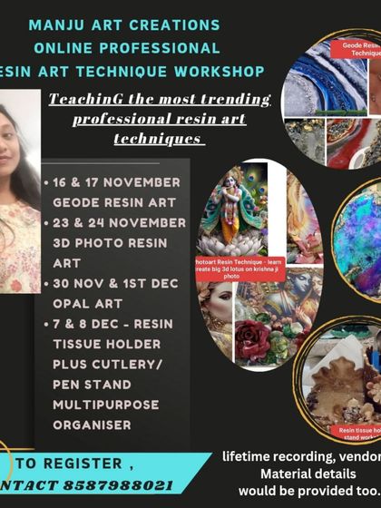 This poster details my upcoming online professional resin art workshops, where I teach the most trending techniques. Lifetime recording and vendor details are provided.