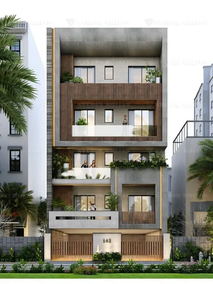The front elevation of the Janakpuri project, showing the balanced composition of concrete volumes and wood accents. Planters are integrated into the facade to add a natural element.