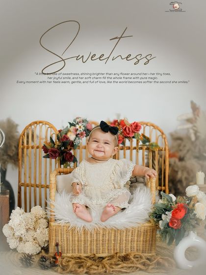 A charming baby portrait with a text overlay describing her sweetness. The vintage style wicker chair and soft fur rug make for a cozy and classic shot.