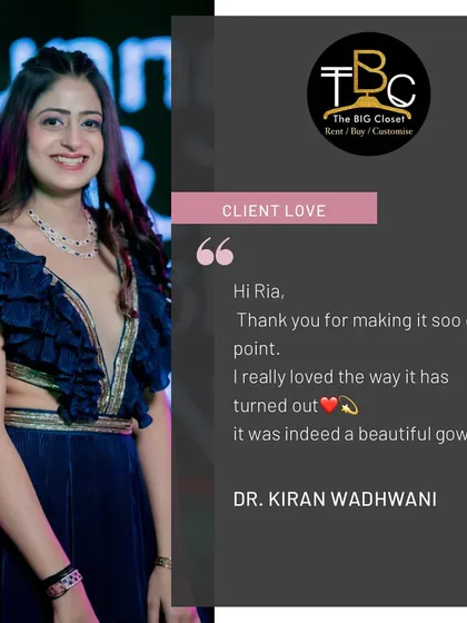 A closer look at Dr. Kiran's custom-made midnight blue ruffle gown. She wanted a statement piece for a cocktail party, and her review confirms we made it happen!