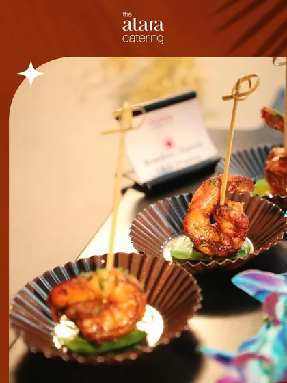 An example of a customized appetizer: Bourbon Chipotle Chili Prawns. We can create unique and signature dishes specifically for your event.