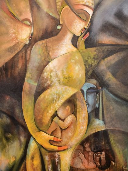 'DEPRIVED', a 30x40 inch acrylic on linen painting that explores the deep and complex emotions of motherhood.