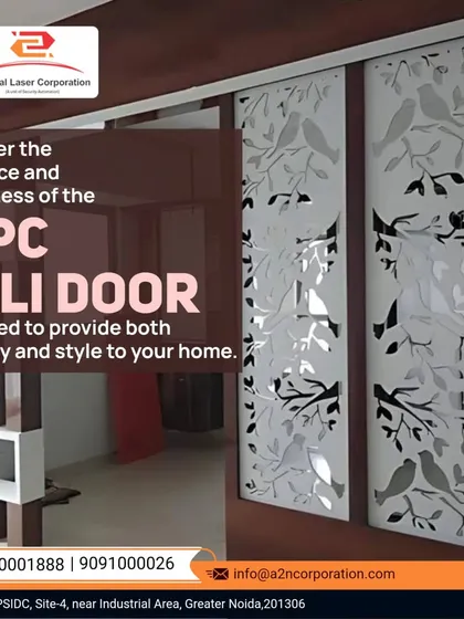 This WPC jali door combines security with style, featuring a delicate laser-cut pattern of birds on branches. The white WPC material is weather-resistant and tough, making it an elegant and practical choice for main entrances that require both ventilation and privacy.