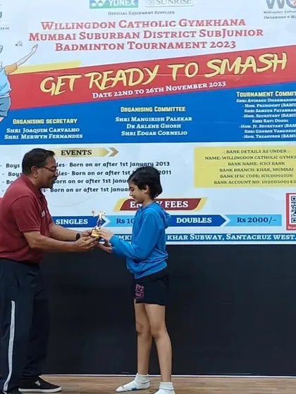 Khanak Jhalani receiving her award after reaching the semi-finals at the Mumbai Suburban District sub-junior tournament.