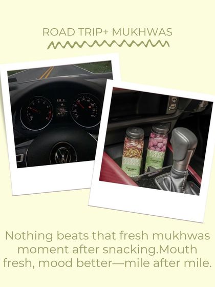 A perfect snack pairing for a road trip is my mukhwas. This image shows my travel-friendly mukhwas bottles fitting perfectly in a car's console.