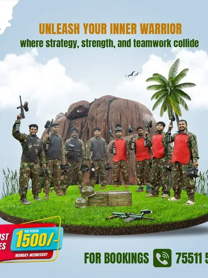 Unleash your inner warrior with your team at our Guts & Glory combat arena. This is a shot of a corporate team gearing up for a strategic paintball battle, a perfect activity for team building and fun.