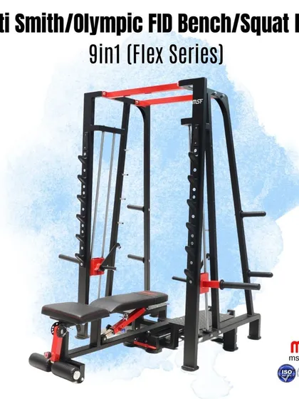 A stylized shot of our 9-in-1 Multi Smith machine, highlighting its modern design and comprehensive features for a full-body workout.