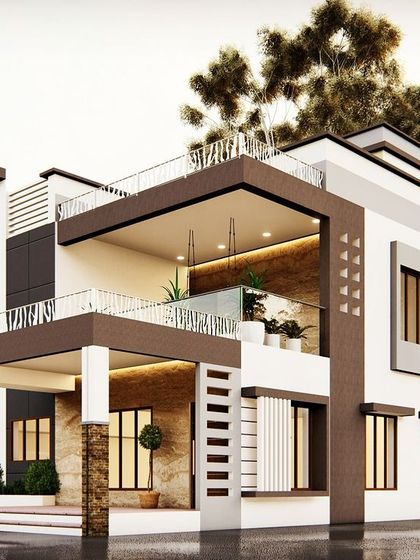 This modern house design features a prominent upper-floor terrace and a large covered balcony. The use of stone-clad pillars and contrasting brown and white colors gives the building a strong, grounded presence.