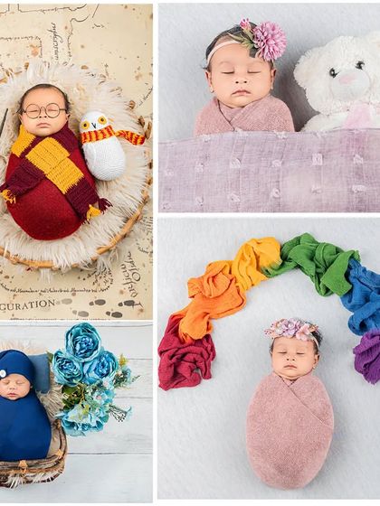 A collage showcasing the variety in my newborn sessions, from a Harry Potter theme to a simple rainbow wrap. Each setup is designed to be unique and special.