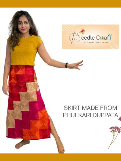 We gave an old Phulkari dupatta a new lease on life by converting it into this unique side-slit skirt. It’s a fun, bohemian piece that’s full of character.