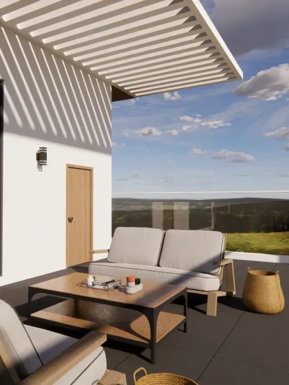 Our designs create functional and beautiful outdoor living areas. This villa terrace was conceived as a private sky lounge, complete with a pergola for shade and comfortable seating oriented to maximize enjoyment of the expansive natural scenery.