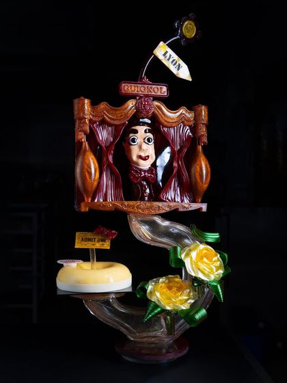 The full view of the exquisite Guignol-themed chocolate and sugar showpiece that won our student a bronze medal in the prestigious WorldSkills competition.