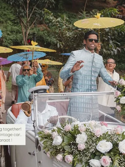The Baraat is all about energy and celebration. We kicked off this groom's procession with a beautifully decked-up vintage car, colorful umbrellas, and high-energy dhol beats that got everyone dancing on their way up the hill for this destination wedding.
