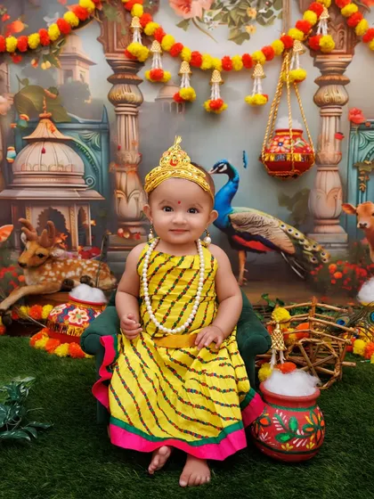 A beautiful portrait of a baby girl as Radha, sitting sweetly in the full Gokul-themed setup.